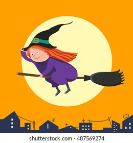 Of cute little witch flying on a broomstick . Halloween vector illustration.