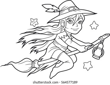 cute little witch flying on her broomstick