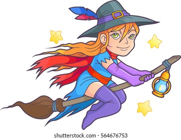 cute little witch flying on her broomstick