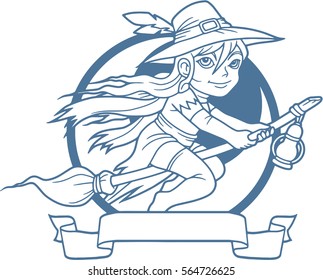 cute little witch flying on her broomstick