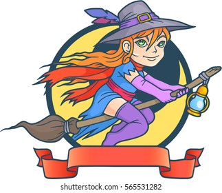 cute little witch flying on her broomstick