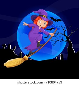 Cute little witch flying on a broomstick in front of the full moonlight