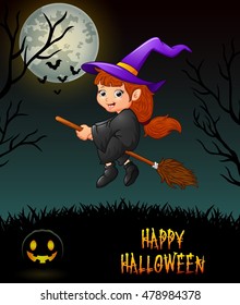 Cute little witch flying riding on broom in night background .Vector illustration 