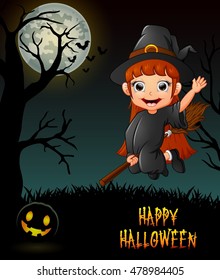 Cute little witch flying riding on broom in night background .Vector illustration 