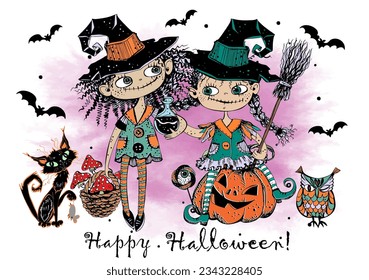 Cute little witch friends. Halloween greeting card. Vector