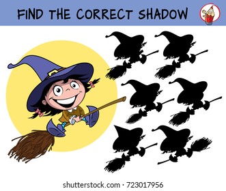 Cute little witch girl with bows flying on a broomstick. Find the correct shadow. Educational matching game for children. Cartoon vector illustration