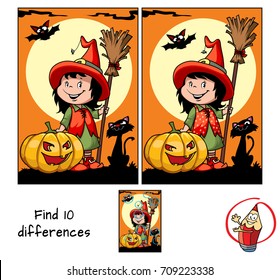 Cute little witch girl with a broom, pumpkin, black cat, spider and a bat. Find 10 differences. Educational game for children. Halloween cartoon 
vector illustration