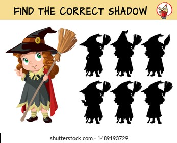 Cute little witch girl with a broomstick. Find the correct shadow. Educational matching game for children. Cartoon vector illustration