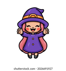 Cute little witch girl cartoon raising hands