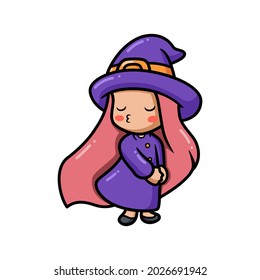 Cute little witch girl cartoon blows a kiss