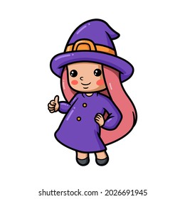 Cute little witch girl cartoon giving thumb up