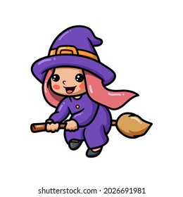 Cute little witch girl cartoon on broomstick