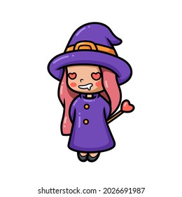 Cute little witch girl cartoon with red heart eyes