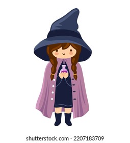Cute little witch girl cartoon character. Sorceress in big hat, holding magic potion. Vector hand drawn illustration.