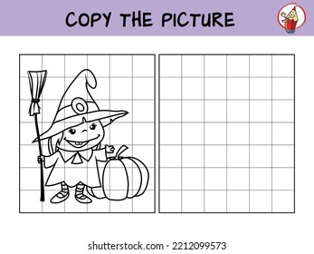 Cute little witch girl  Copy the picture  Coloring book  Educational game for children  Halloween cartoon vector illustration
