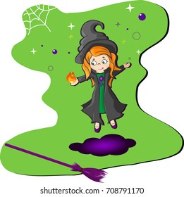 Cute Little Witch Girl with Flame in Her Hand. Red haired
Witch Girl Flying over the Broom. Colorful Halloween Illustration Cartoon Style