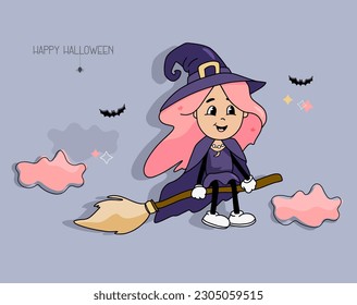 Cute little witch girl flying, cartoon witch character with pink hair, cute halloween mascot in groovy style