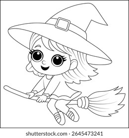 Cute Little Witch Girl Flying on Broomstick Halloween line rt Coloring Page.