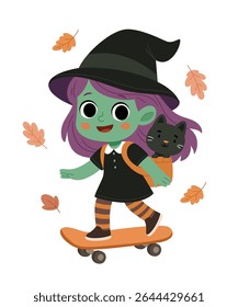 Cute little witch girl with green skin riding a skateboard, wearing a black dress and hat, with striped leggings and a backpack carrying a black cat. Surrounded by autumn leaves, this playful and