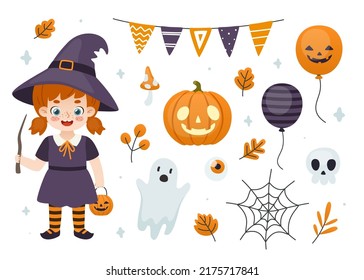 Cute little witch girl an halloween decoration set. Collection of halloween stuff and baby in costume.