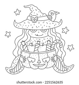 Cute little witch girl  Halloween character and pumpkin full sweets  Funny coloring page for kids  Cartoon vector illustration  Outlined hand drawn artwork  Black   white colors  Isolated