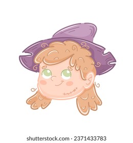 
Cute little witch girl, Halloween. A girl in a purple witch's hat, with curly hair and green eyes. Hand drawn style and doodle. Can be used as a sticker, mascot, character.
