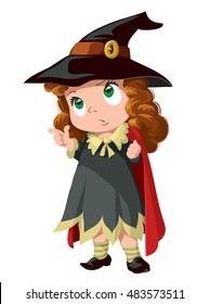 Cute little witch girl. Halloween cartoon vector illustration