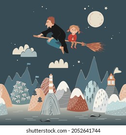 Cute little witch girl with her sorcerer father flying on a broom in front of the full moon under the sea and mountains. Halloween card, magic vector landscape.