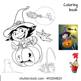 Cute little witch girl jumping on pumpkin, black cat on a broom, moon and a bat. Coloring book. Halloween cartoon vector illustration