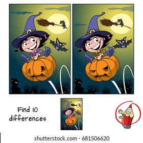 Cute little witch girl jumping on pumpkin, black cat on a broomstick, moon and a bat. Find 10 differences. Educational game for children. Cartoon vector illustration