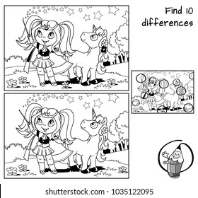 Cute little witch girl with a magic wand and young unicorn. Find 10 differences. Educational game for children. Black and white cartoon vector illustration