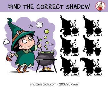 Cute little witch girl with a magic pot. Find the correct shadow. Educational matching game for children. Cartoon vector illustration