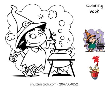 Cute little witch girl with a magic pot. Coloring book. Cartoon vector illustration