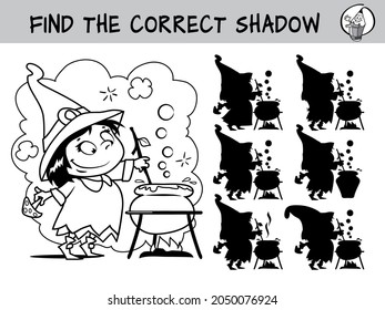 Cute little witch girl with a magic pot. Find the correct shadow. Educational matching game for children. Black and white cartoon vector illustration