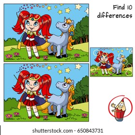 Cute little witch girl with a magic wand and young unicorn. Find 10 differences. Educational game for children. Cartoon vector illustration