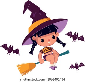 A cute little witch girl sits on a broomstick in a cap. The bats. Cartoon monster character. Halloween party. Vector illustration in cartoon style for kids. Isolated funny clipart on white background