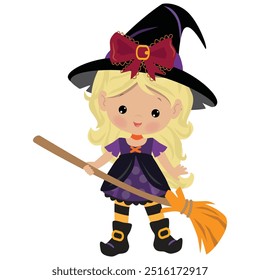 Cute little witch girl  vector cartoon illustration