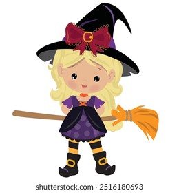 Cute little witch girl  vector cartoon illustration