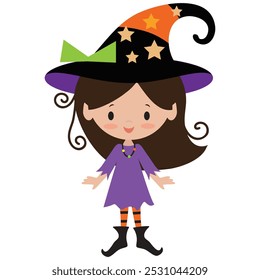 Cute little witch girl  vector cartoon illustration