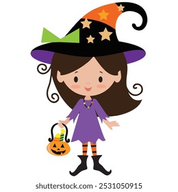 Cute little witch girl  vector cartoon illustration