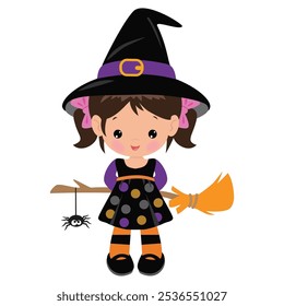 Cute little  witch girl  vector cartoon illustration