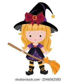 Cute little  witch girl  vector cartoon illustration