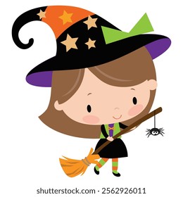 Cute little  witch girl  vector cartoon illustration