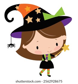 Cute little  witch girl  vector cartoon illustration