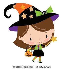 Cute little  witch girl  vector cartoon illustration