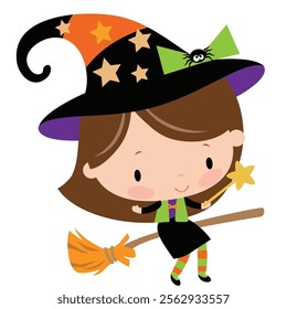 Cute little  witch girl  vector cartoon illustration