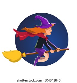 Cute little witch girl in the witches hat flying fast at night on her broom stick with red waving cape. Halloween holiday poster concept. Colorful flat style cartoon vector illustration.