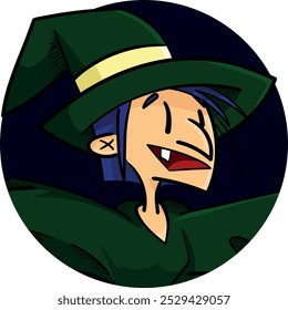 Cute little witch with green dress and protruding tooth. witch hat - halloweeen. avatar