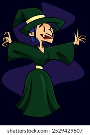 Cute little witch with green dress and protruding tooth. Raised arms. witch hat. Halloween