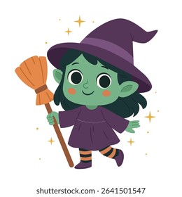 Cute little witch with green skin holding a broomstick. Adorable Halloween character in cartoon style, perfect for kids’ prints, greeting cards, party invitations, stickers, and seasonal decor.